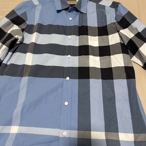 Burberry Men's Blue and Black Checkered Shirt